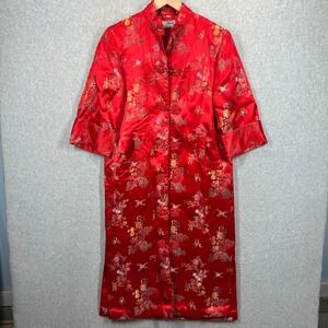 ESME Cheongsam Robe Womens S Red Silk Satin Floral Embroidered Frog Closure EUC